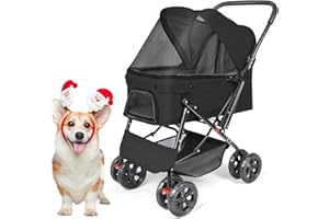 Wedyvko Medium Dog Stroller 50lb - Pets Stroller for Medium Dogs with Reversible Handlebar, 360 Front Wheel, Foot Brake, Wide Mesh Canopy, 2 Security Leashes, Cup Holder, Storage Basket, Black