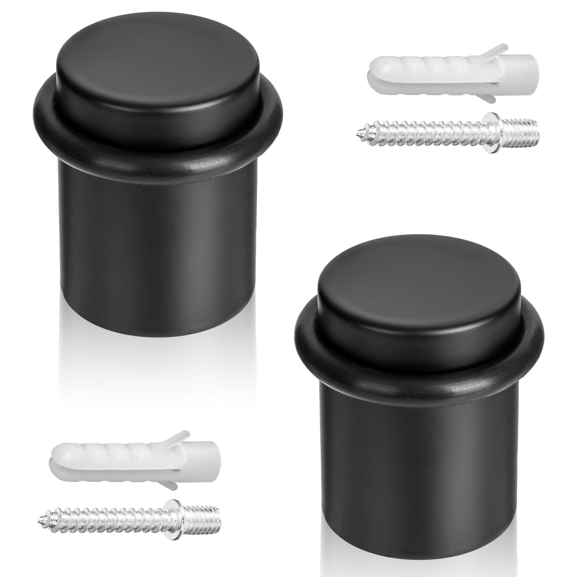 ECENCE Door Stoppers for Floor 2 Pieces, Door Stop Ø1.18x1.57inch (Ø30x40mm) Wall Protector, Solid Stainless Steel Floor Mount with Screws and Dowels Black