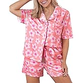 SELINK Womens Summer Pajamas Sets Short Sleeve Flower Print Button Down Sleepwear Loungewear 2 Piece Pj Set