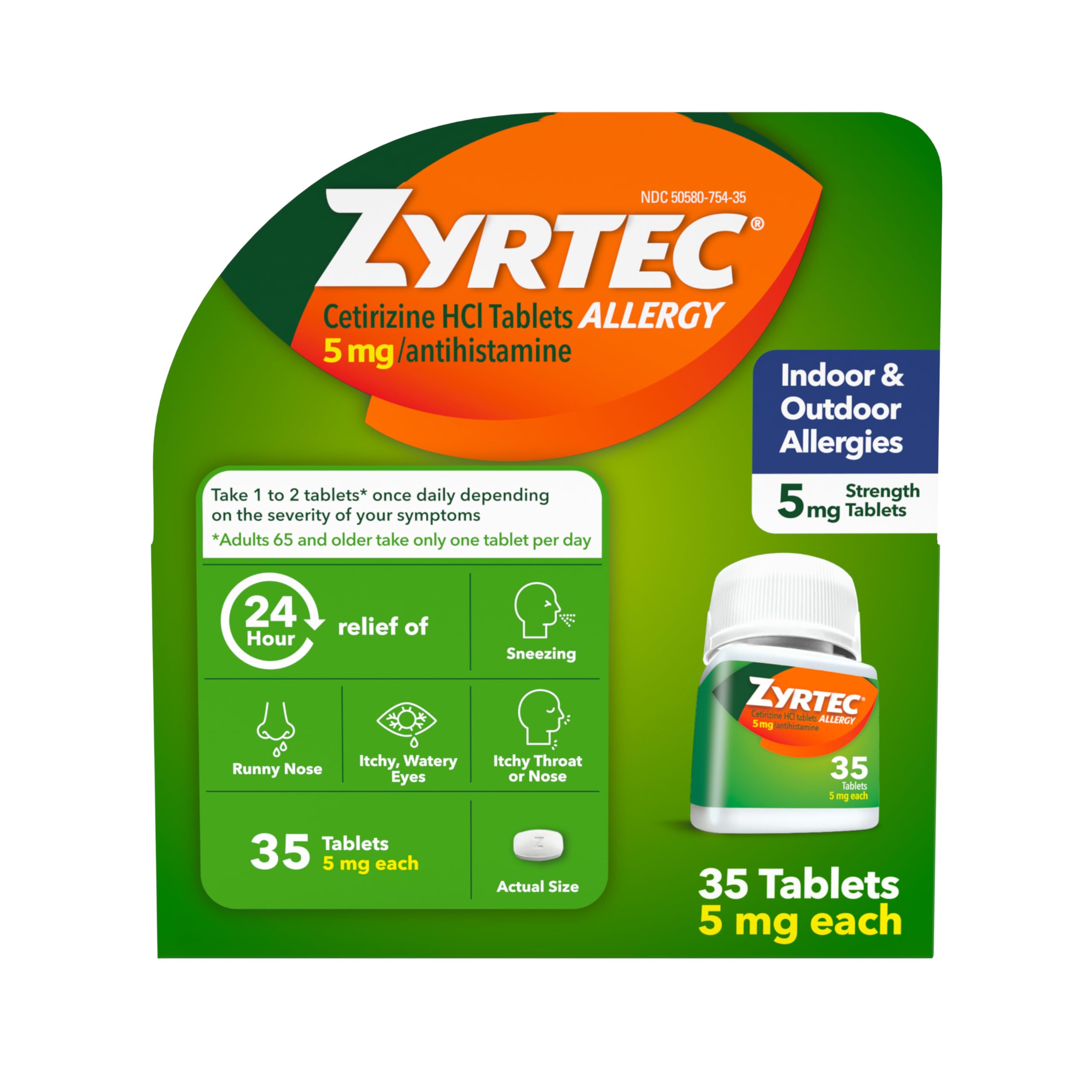 Photo 1 of **partial set/ missing half** Zyrtec 24 Hour Allergy Relief Tablets, Indoor & Outdoor Allergy Medicine for Adults with 5 mg Cetirizine Hydrochloride, Relief of Runny Nose, Sneezing, Itchy Eyes, Plus Dust, Mold & Pet Dander, 35 ct