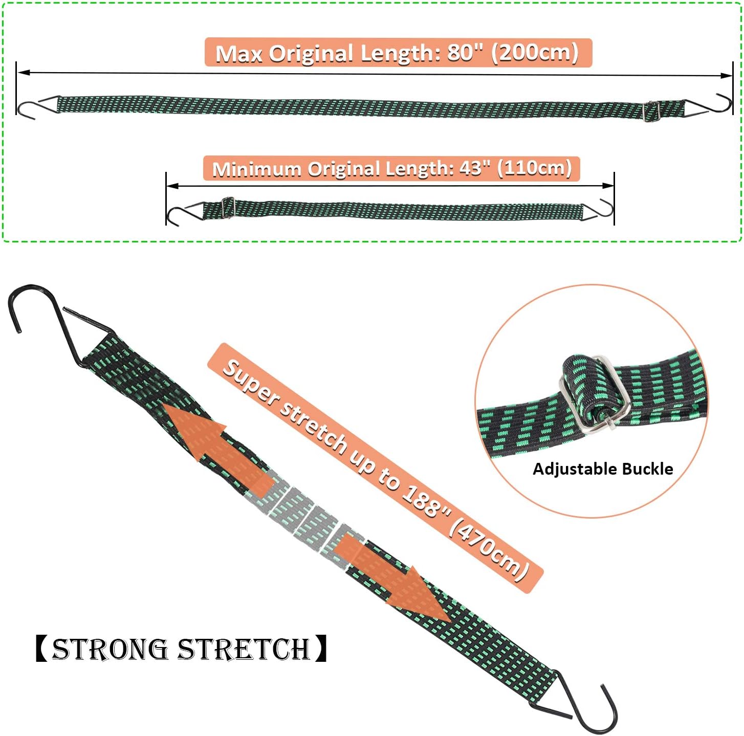 KING PIECES Adjustable Flat Bungee Cords 80" 4 Pack Latex Bungee Straps with Adjustable Length Metal Buckle & Hooks for Hand Carts, Heavy Duty Cargo, Luggage Rack, Camping, Gardening, Clothesline - - 