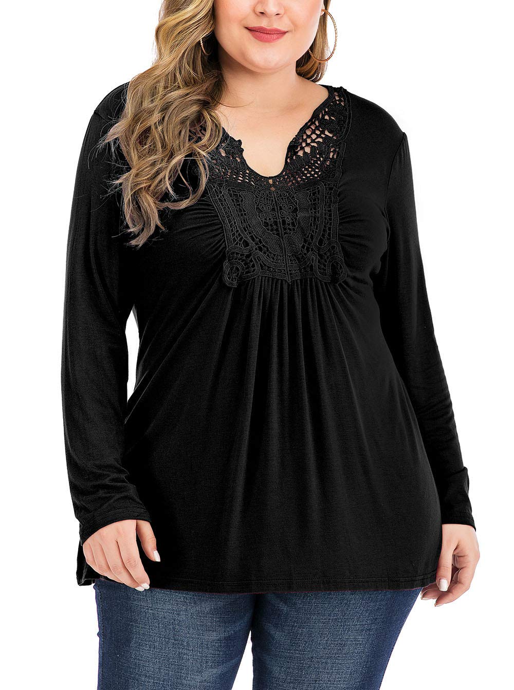 YASAKO Womens Pleated Tops Plus Size V-Neck Lace Blouse Swing T-Shirts Flowy Long Sleeve Casual Tunic,Black,2XL