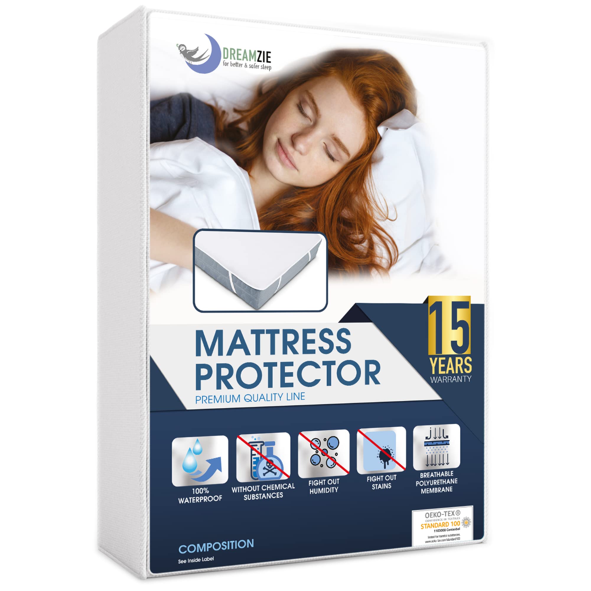 Dreamzie Mattress Protector Waterproof with 4 Elastic Corners - Made in EU - OEKO-TEX® Certified- For Mattress 80 x 190 cm