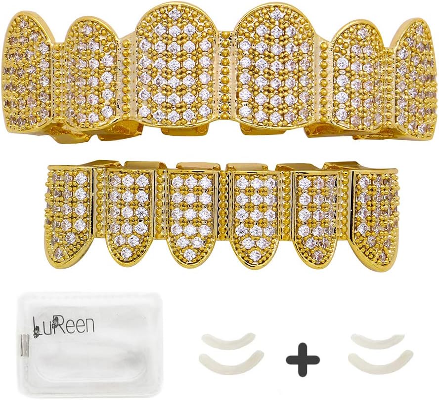 18K Teeth Gold Grillz Pave CZ Top Bottom Grilla for Men Women Micropave Lab Simulated Diamonds Grillz+2 Extra Molding Bars