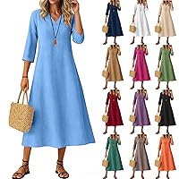 SCRRMZO Boho Maxi Dress Linen Dress for Women Cotton Maxi Dresses Casual V Neck 3/4 Sleeve Solid Long Sundress Beach Vacation Outfits Sky Blue