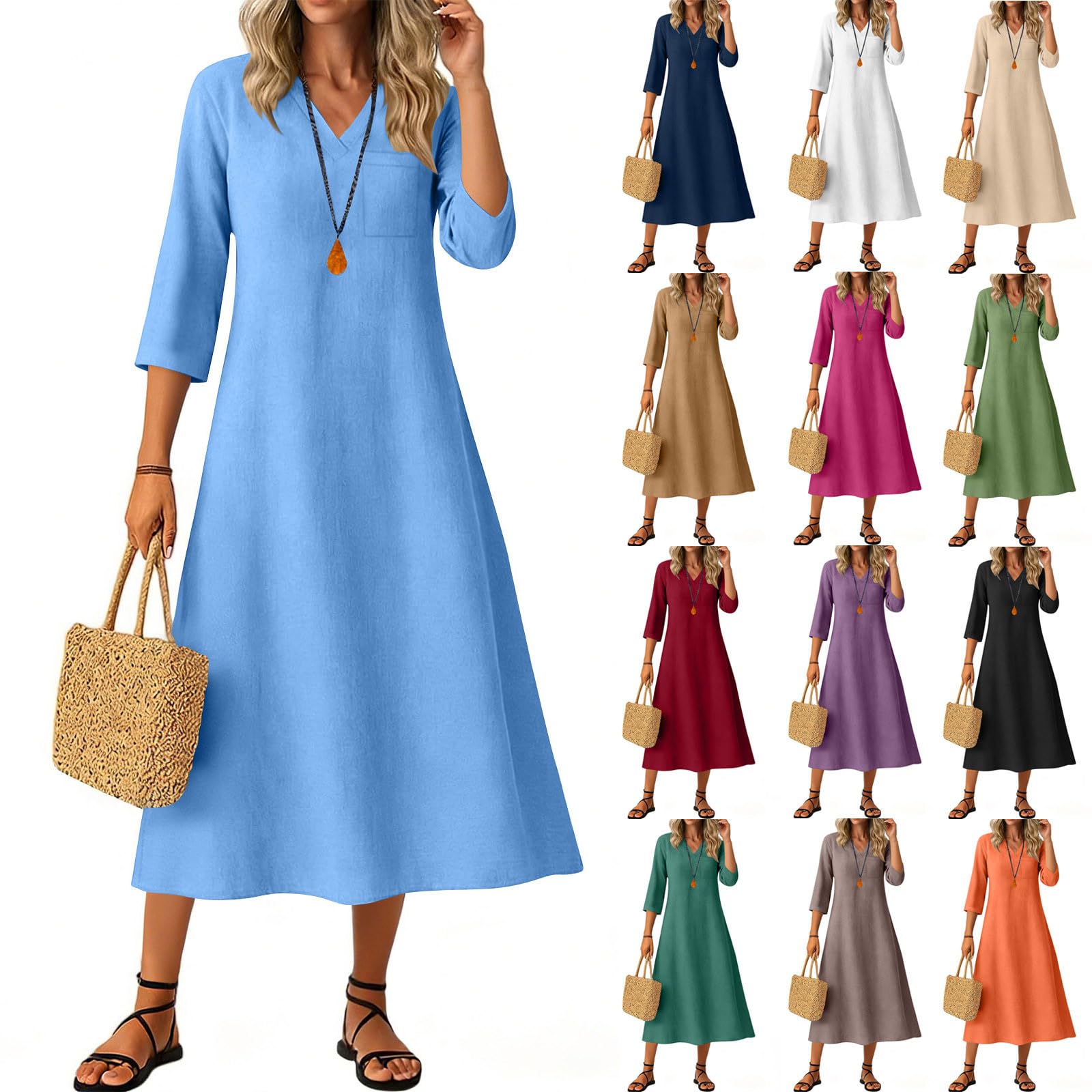 SCRRMZO Boho Maxi Dress Linen Dress for Women Cotton Maxi Dresses Casual V Neck 3/4 Sleeve Solid Long Sundress Beach Vacation Outfits Sky Blue