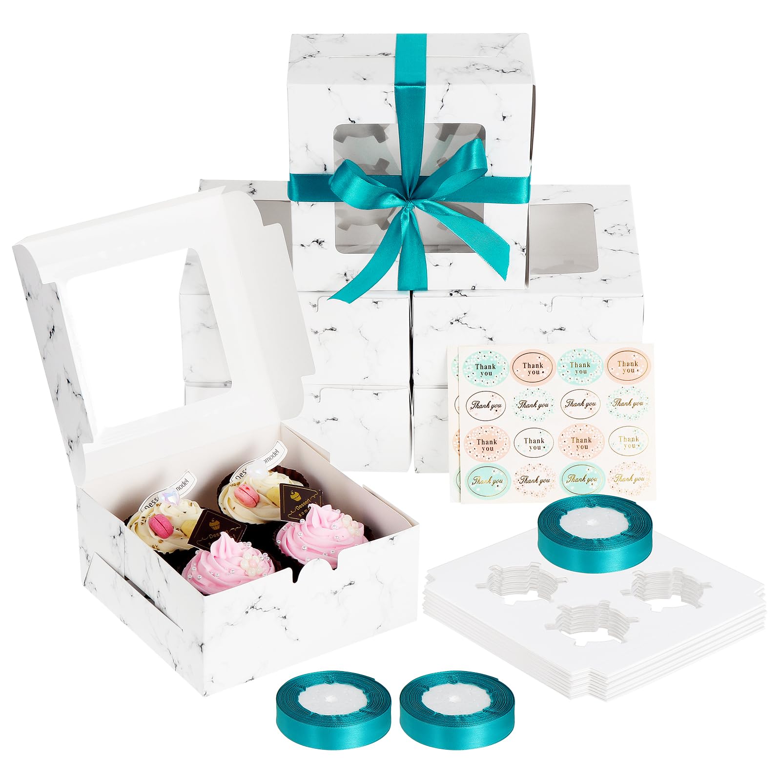 Coolty 30pcs Cupcake Boxes 4 Holes Muffins Desserts Cake Box with 3 Roll Wrapping Ribbon and 2pcs Stickers for Cookies Muffins Cupcakes Desserts Pies (Marble White)