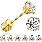 Threadless Flat Back Stud Earrings, 6 Pairs Titanium Hypoallergenic Earrings for Women Men, Cubic Zirconia Silver Gold Stud Earrings Surgical Stainless Steel Stud Earring Set for Cartilage 2-8mm