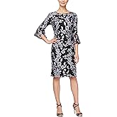 Alex Evenings Womens Short Shift Cocktail Gown with Bell Sleeves, Formal Events, Wedding Guest Dress