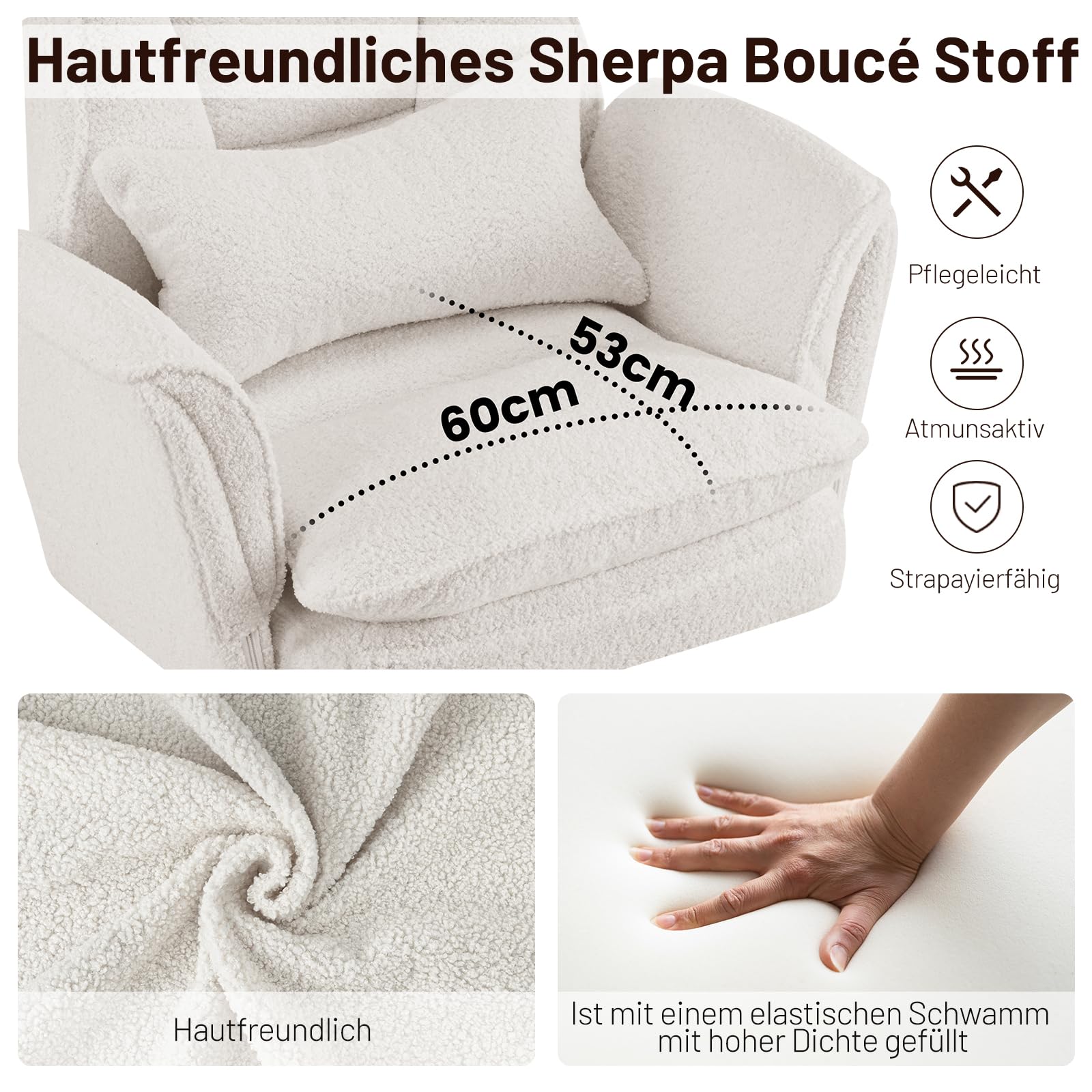 Ckaff Bürostuhl Chefsessel Ergonomisch, Gaming Stuhl mit 5-Stufig Verstellbare Armlehnen & Fußstütze, Schreibtischstuhl mit Verstellbarer Rückenlehne & Lendenwirbelstütze aus Teddy Stoff, Weiß 7
