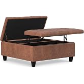 SIMPLIHOME Harrison 36" Wide Vegan Leather Lift Top Ottoman in Saddle Brown | Distressed saddle brown, transitional lift-top ottoman with hidden storage for living room; square footstool or coffee table.