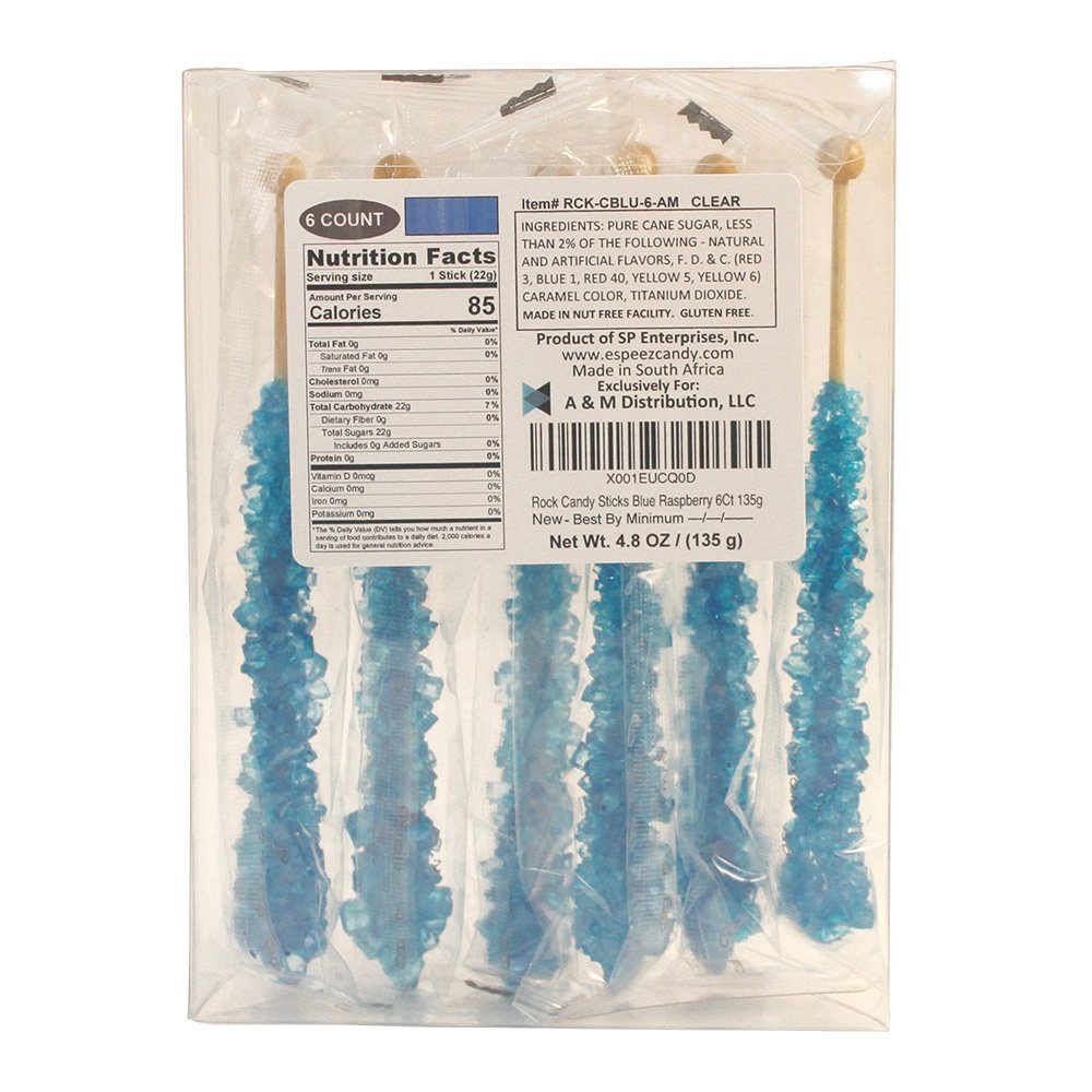 Extra Large Rock Candy Sticks 22g 6 Blue Raspberry Lollipop Individually Wrapped Blue Rock Candy