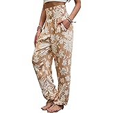 QIANXIZHAN Women's Harem Pants, Hippie Boho Pants High Waist Flowy Yoga Pants with Pockets