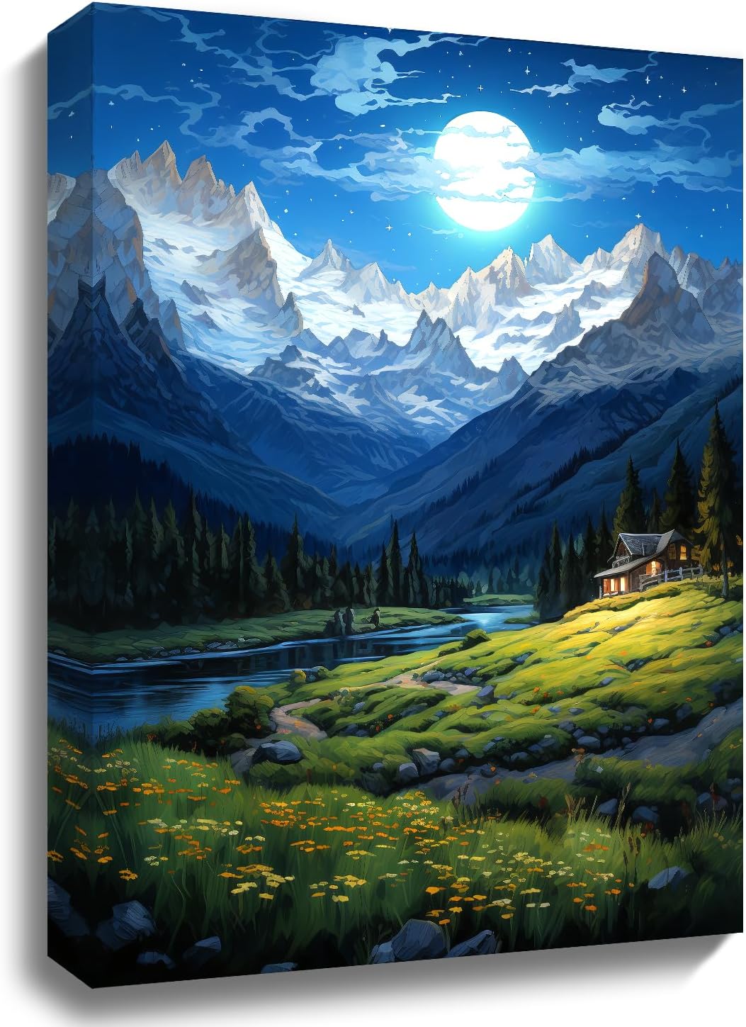 Paintings - Y-II Alp Landscape Wall Art at Night Canvas Wall Art Landscape Mountain Snow Mountain Grassland forest nature Bedroom Decoration Bathroom Decoration (Night Scenery)