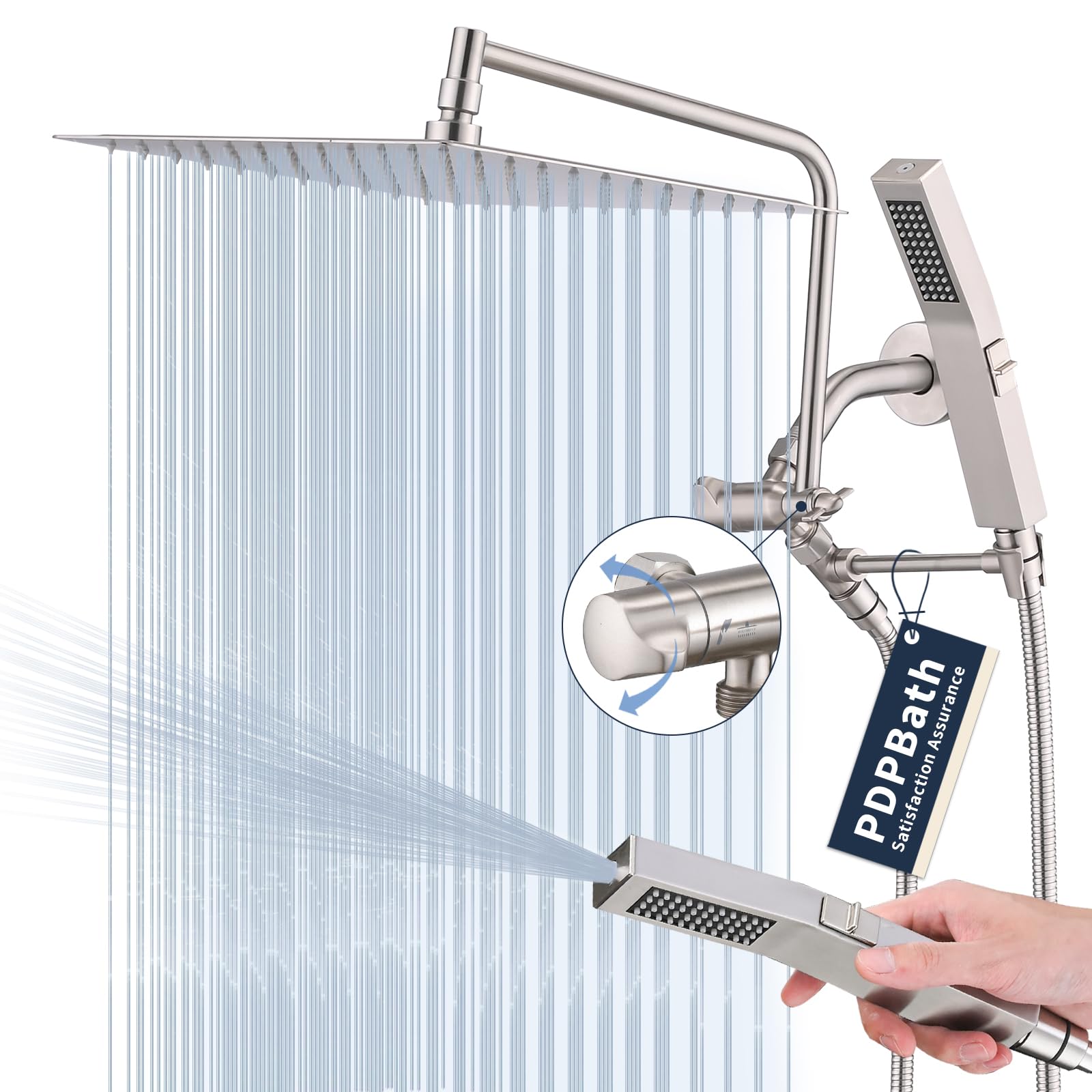 Photo 1 of PDPBath All Metal Rain Shower Head with Handheld Built-in High Pressure Wash Mode, 12'' Rainfall Shower Head with Adjustable Z-shaped Extension Arm, Adjustable Brass Bracket, 79" Hose, Brushed Nickel