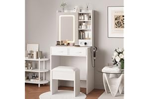 Makeup Vanity Desk with Lights & Mirror, Charging Station with Power Outlets & USB Ports, Dressing Table with Stool, Drawers 