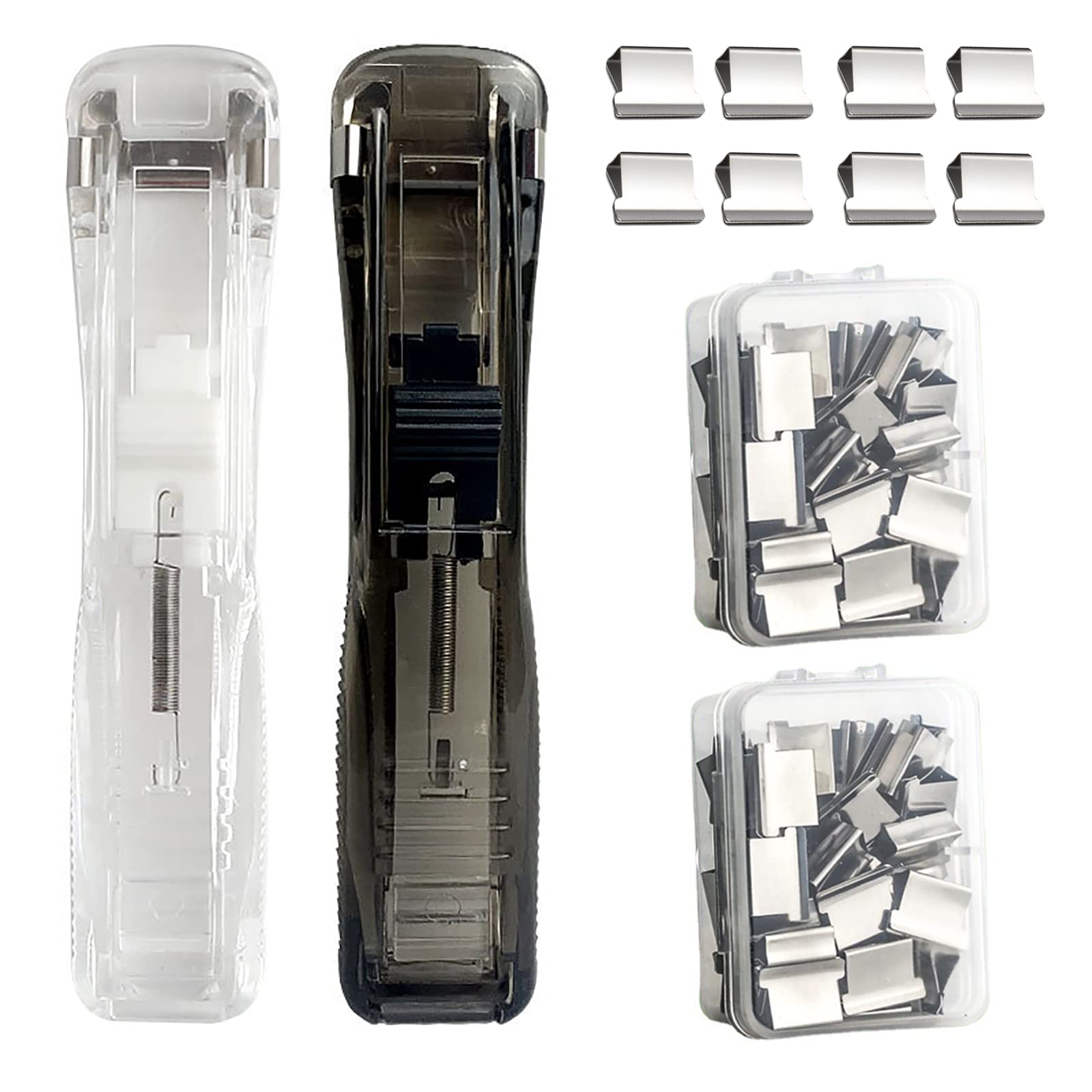 WUDQIJI Clam Clip Dispenser, Pack of 2 Clip Dispenser, Clam Clip Dispenser, Stainless Steel Refill Clips, Clip Dispenser, Reusable Creative Stacker with 100 Clips for Fixing Loose Sheet Paper