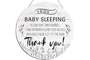 Pigort Funny Baby Sleeping Hanging Sign Plaque, Do Not Knock Or Ring The Bell, Round Wooden Door Hanger for Baby Room, Nursery, Front Door, Door Knob Decor (12x12inch)(Round-White)