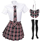 PROCOS Women Japanese Uniform Outfit US Size Costume with Plaid Bow Tie Socks 5 PCS