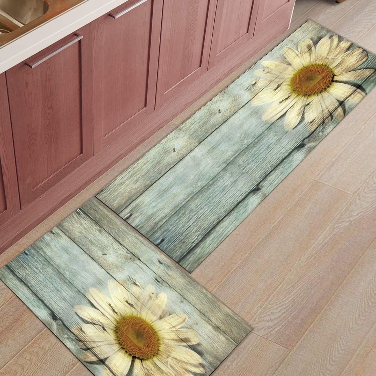 Kitchen Rugs Sets 2 Piece Kitchen Floor Mats Non-Slip Rubber Backing Area rugs Wooden Board Sunflower Doormat Rubber Backing Washable Carpet Inside Door Mat Pad Sets(15.7"x23.6"+15.7"x47.2")