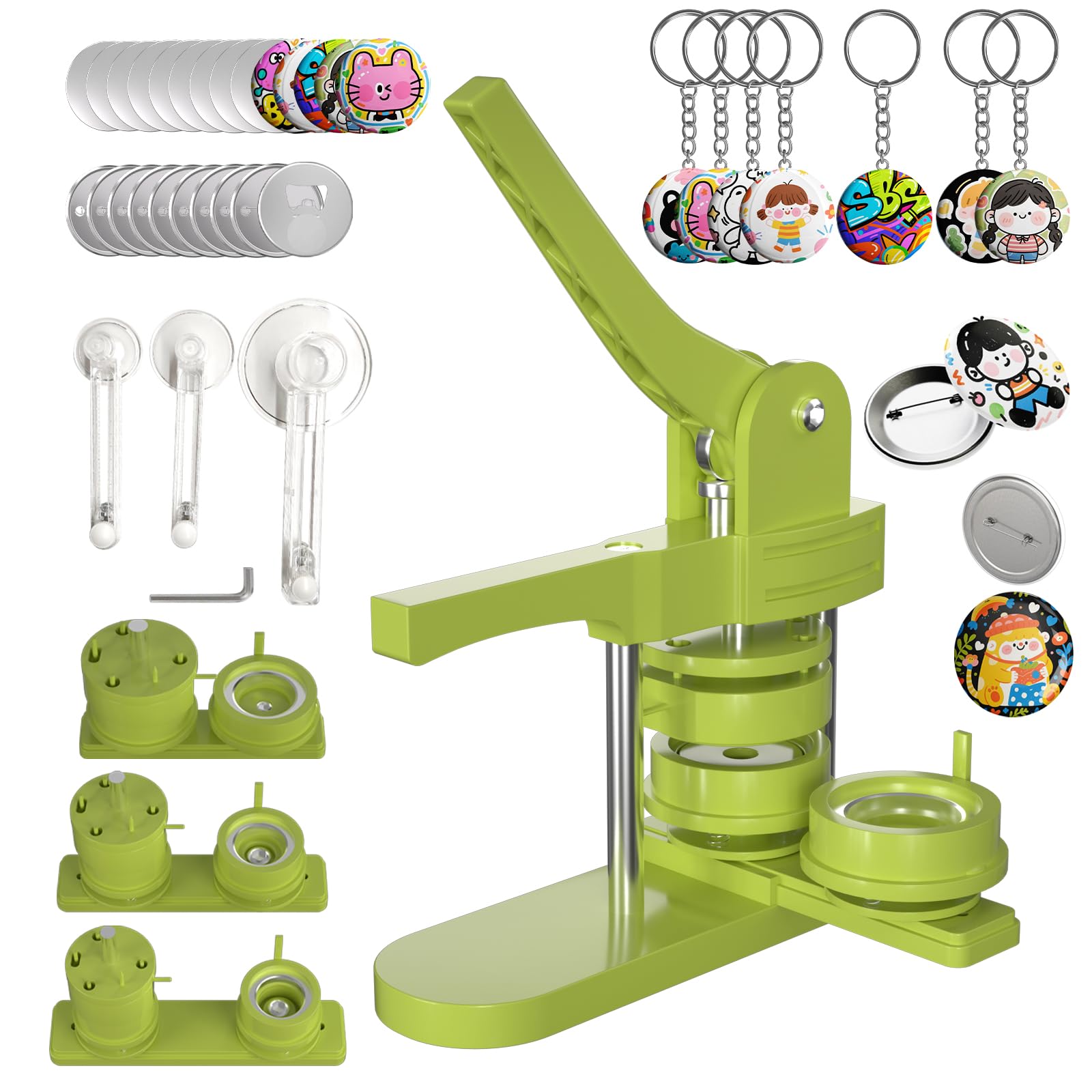 Photo 1 of 1+1.25+2.25 inch Multiple Sizes Button Maker Machine, 300 Buttons, 30 Fridge Magnets, 10 Bottle Openers, 10 Keyrings, 3 Circle Cutters, Button Badge Press Machine (Green, 353 Pcs)