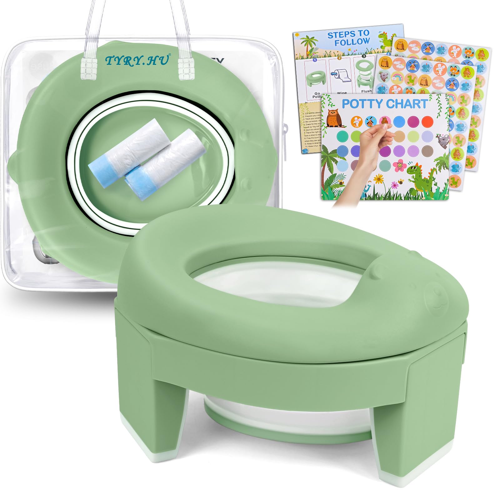 TYRY.HU Potty Training Toilet Seat EVA Portable Travel Potty for Toddlers 3-in-1 Chairs Baby Foldable WC Liners Detachable Reusable Outdoor and Indoor with Storage Bag Suitable Boys Girls(Green)