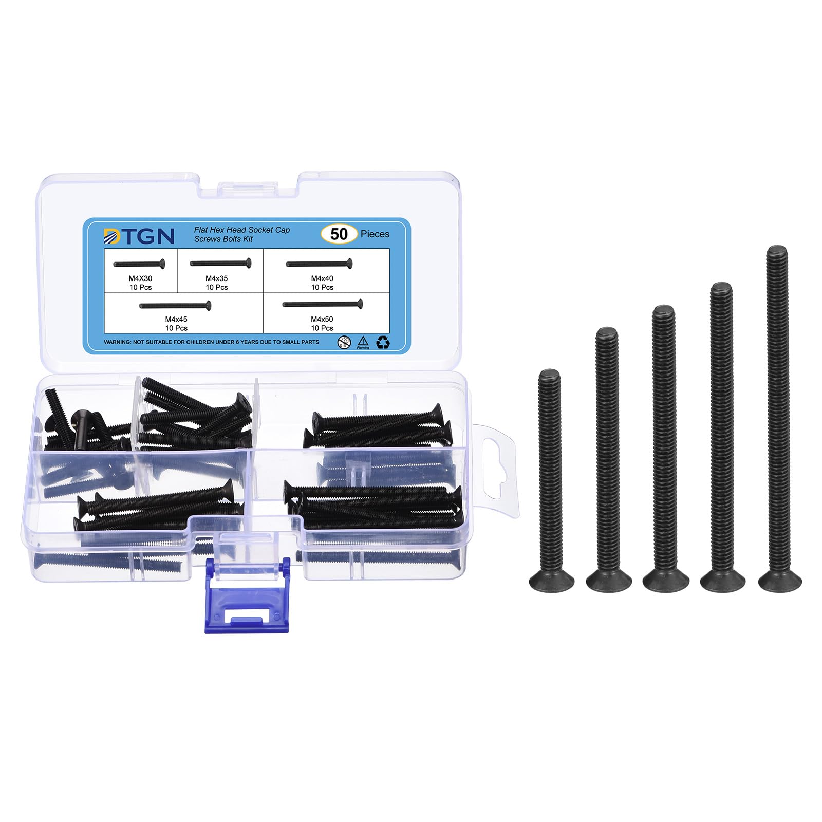 DTGN 50Pcs M4 x 30mm /35mm /40mm /45mm /50mm Flat Hex Head Socket Cap Screws Bolts Kit, Carbon Steel Black Oxide, Full Thread, Countersunk Bolts