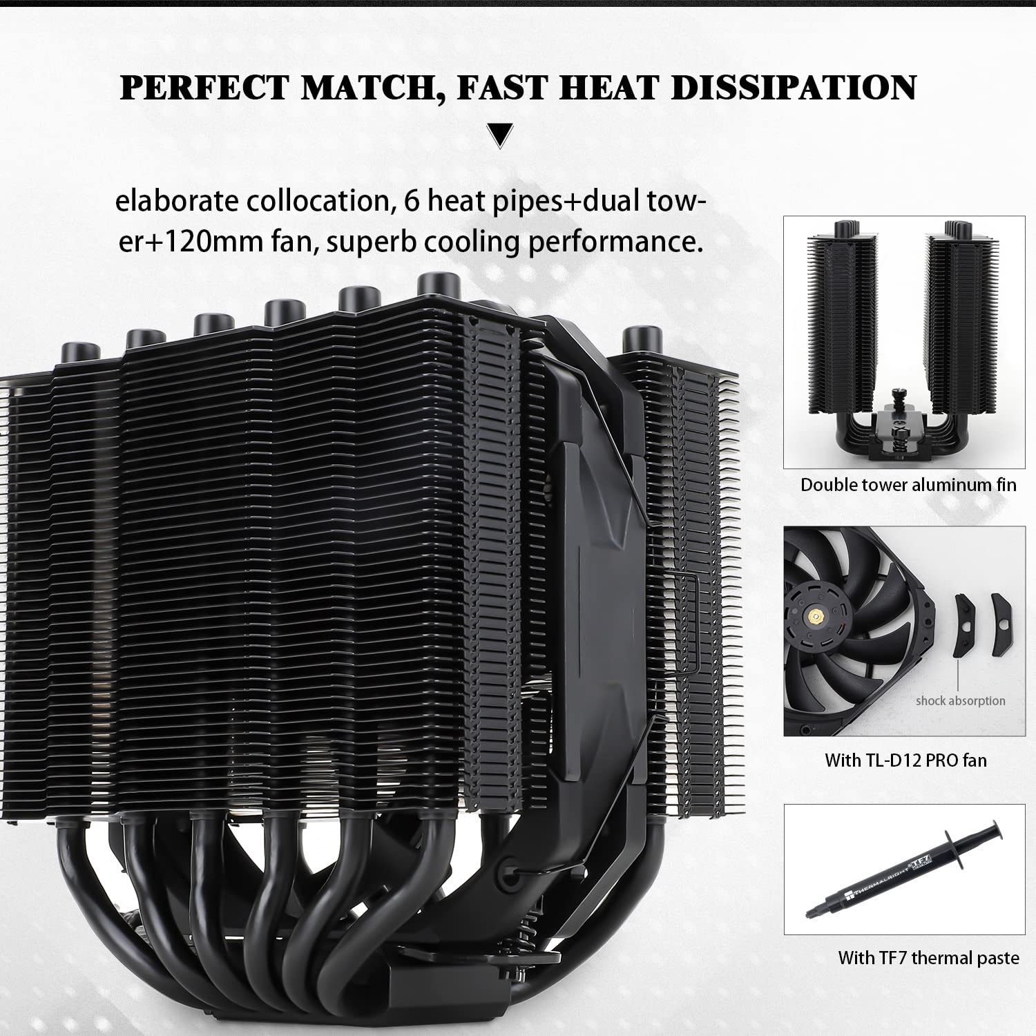 Silver Soul 135 Black Dual Tower CPU Air Cooler, 6x6mm Heat Pipes, TL-D12PRO PWM Fan, Aluminium Heatsink Cover, AGHP Technology, for AMD AM4/Intel 1700/1150/1151/1200/2011/2066/AM5