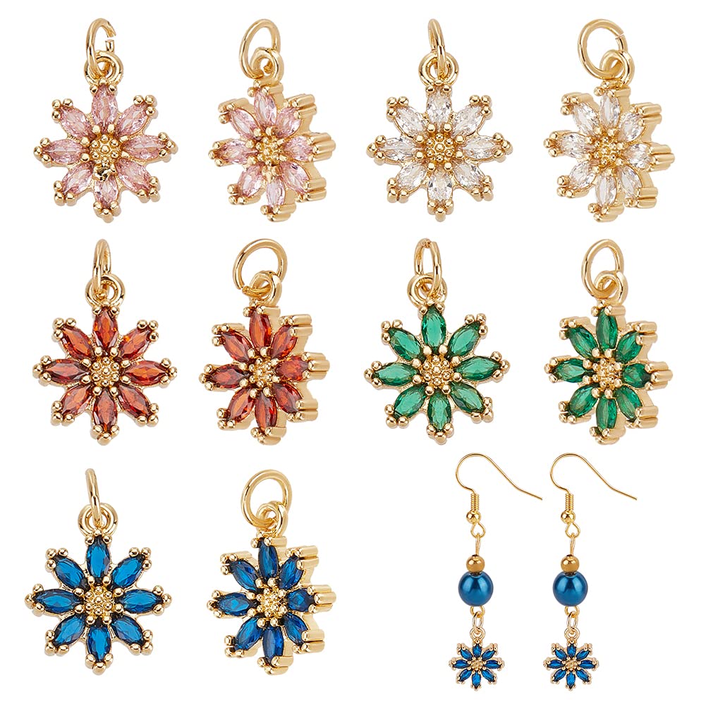 HOBBIESAY 10Pcs 5 Colors Brass Cubic Zirconia Flower Pendants Rhinestone Flower Charms Gem Charms Bulk Earring Charms Mixed Color Dangle Charms for Necklace Bracelet Making Hole 3mm