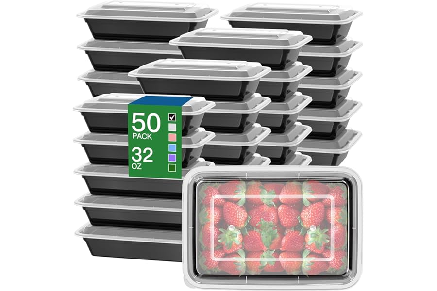 50 Pack (100-Piece) 32 oz Meal Prep Containers Reusable with Easy Open Lids, Sturdy Leakproof Food Safe, Microwave Freezer Dishwasher Safe, To Go Take Out Plastic Food Storage Pans with Lids, Black