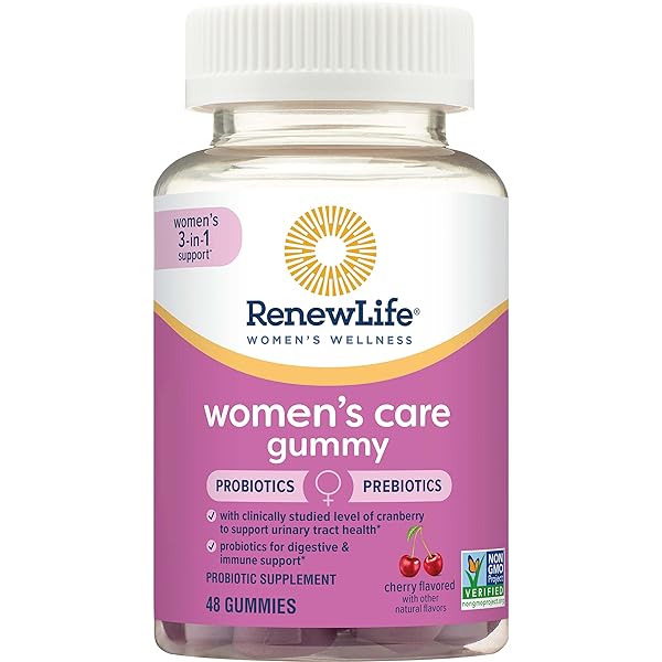 RENEW LIFE WOMEN’S CARE CHERRY PREBIOTIC AND PROBIOTIC GUMMIES, DIGESTIVE, URINARY TRACT AND IMMUNE HEALTH, B. COAGULANS AND B. SUBTILIS, DAIRY, SOY AND GLUTEN-FREE, 2 BILLION CFU 48 COUNT