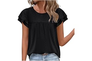 GOFLIC Summer Tops for Women Eyelet Ruffle Sleeve Blouses Solid Color Babydoll Shirts Casual Loose Crewneck Tunic Tops