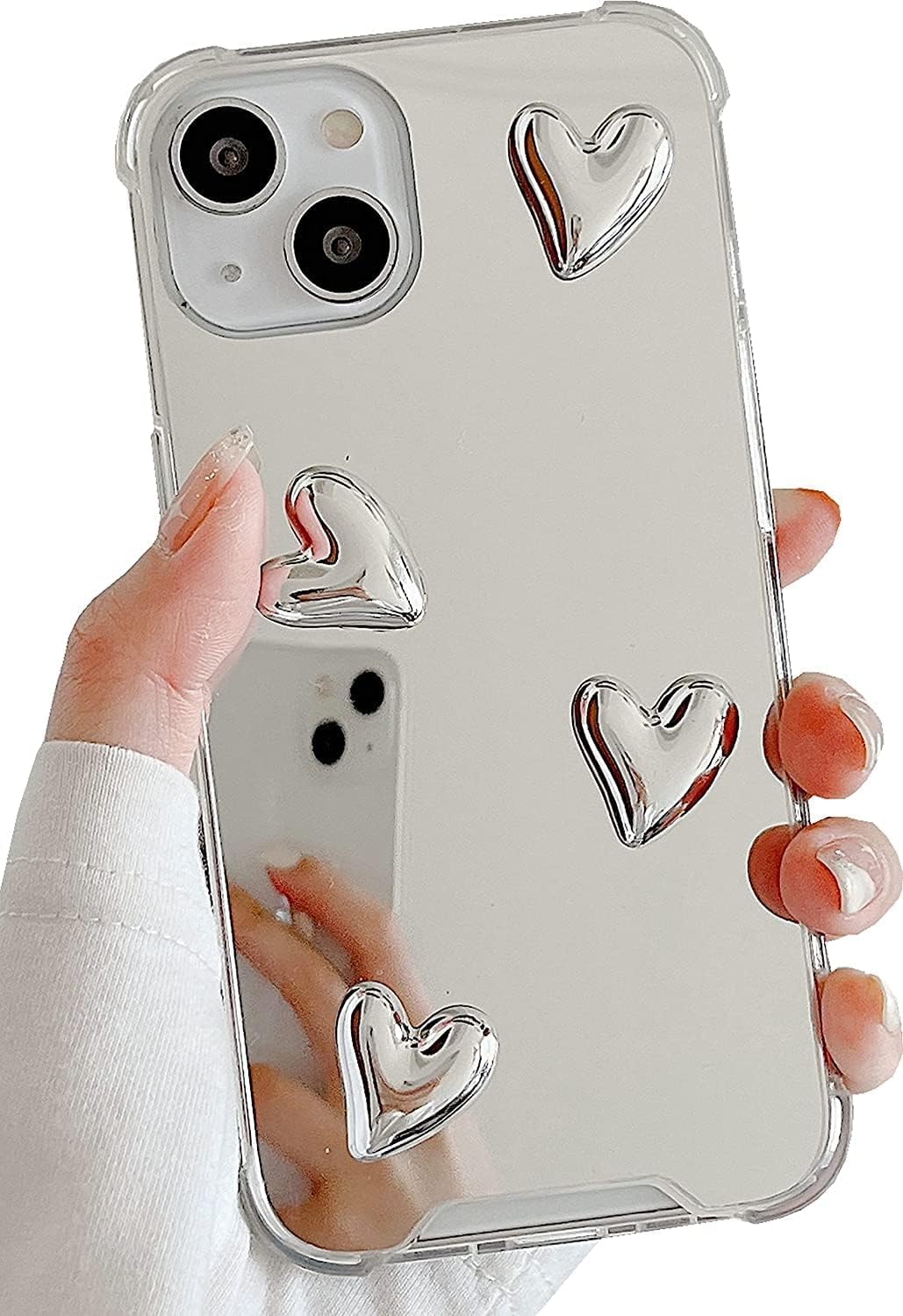 DIMEIYA Compatible with iPhone 15 Plus case,Mirror Senior Silver Cute Heart Soft Silicone Clear Makeup Mirror Women Girls Shockproof Protect Cover Case for iPhone 15 Plus.