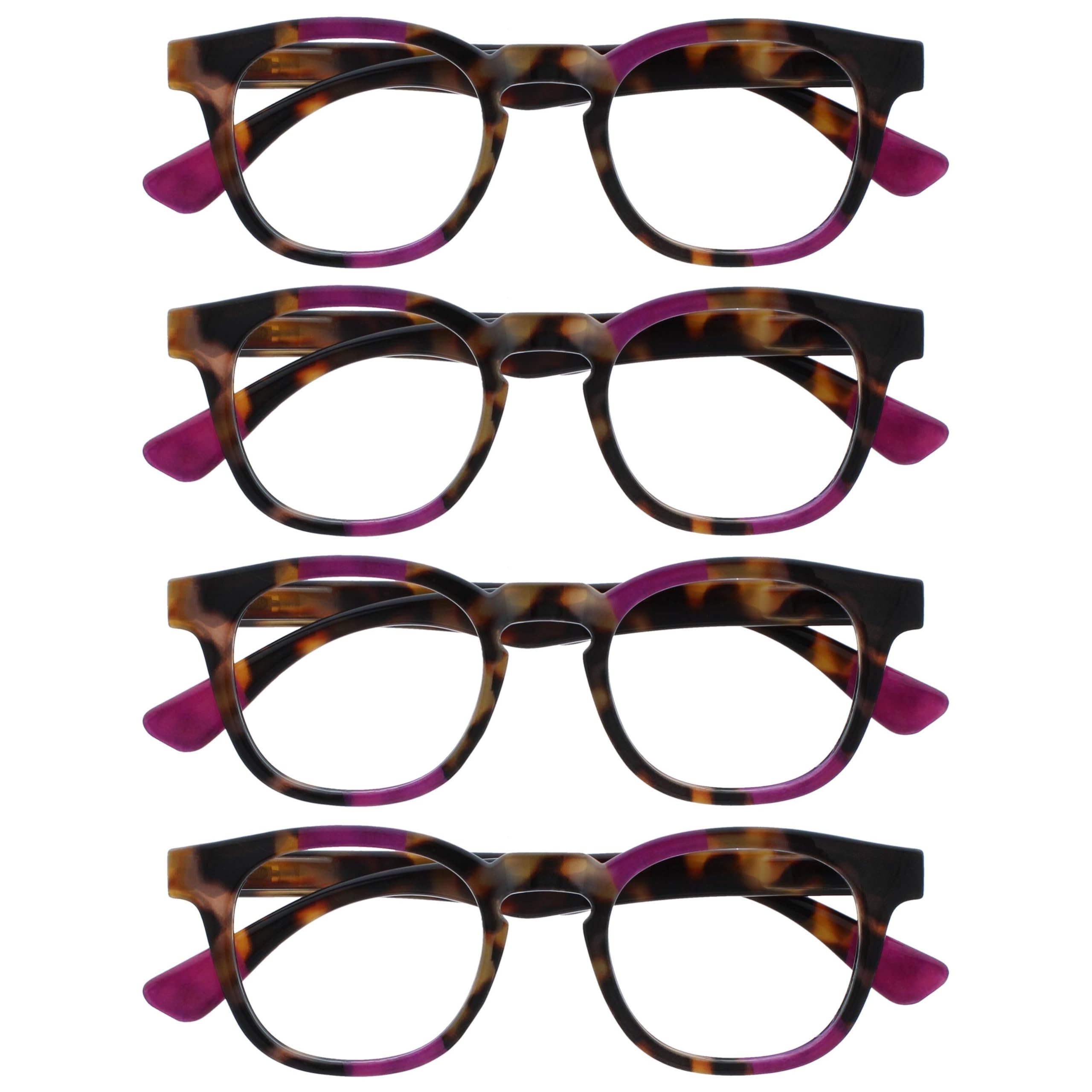 OPULIZE Ava Reading Glasses 4 Pack Flattering Rounded Frame Spring Hinges Scratch Resistant Brown Tortoiseshelll Purple Mens Womens RRRR62-5 +3.00