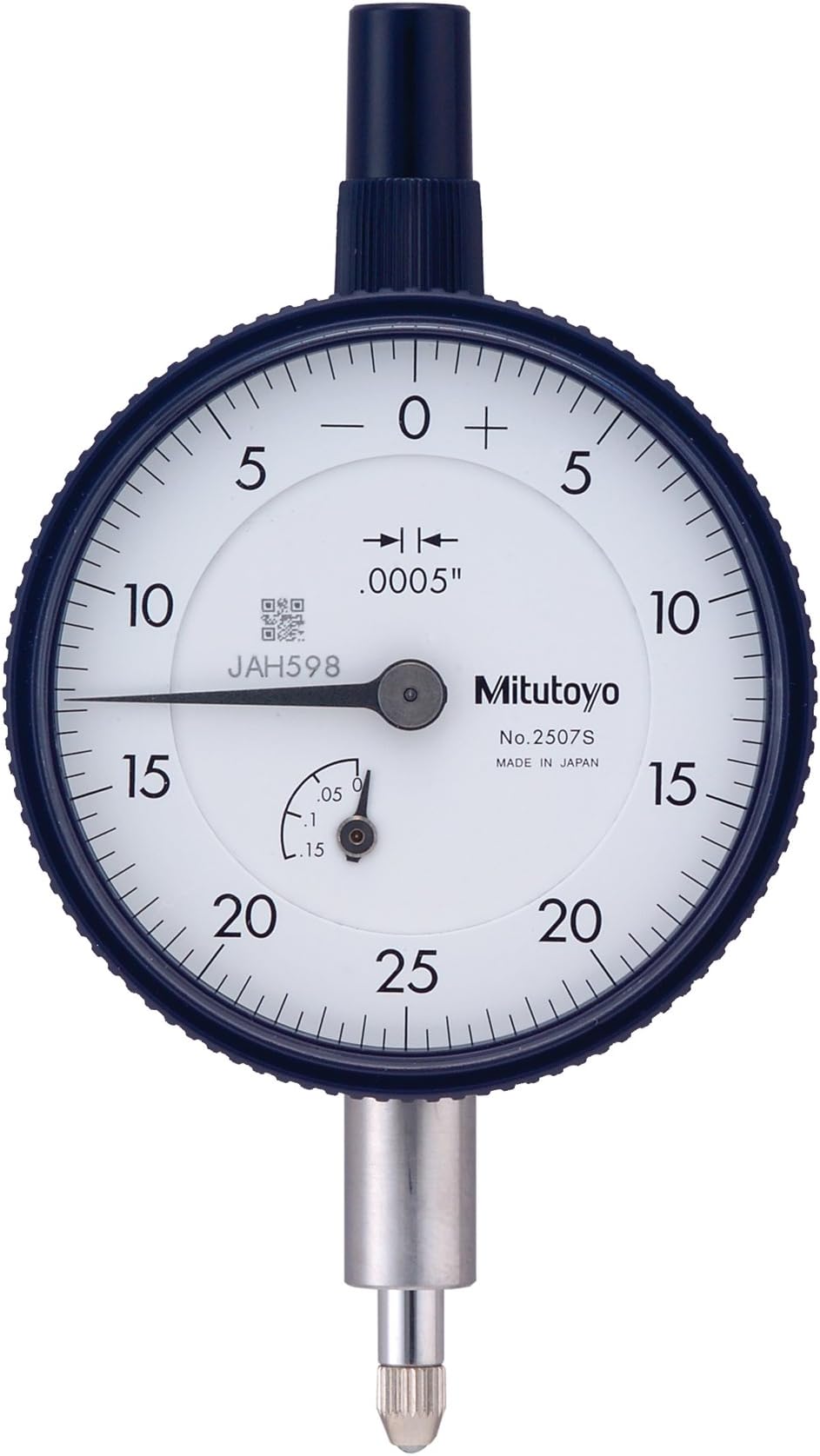 Mitutoyo 2507S Dial Indicator, #4-48 UNF Thread, 0.375" Stem Dia., Lug Back, White Dial, 0-25-0 Reading, 2.244" Dial Dia., 0-0.125" Range, 0.0005" Graduation, +/-0.0005" Accuracy