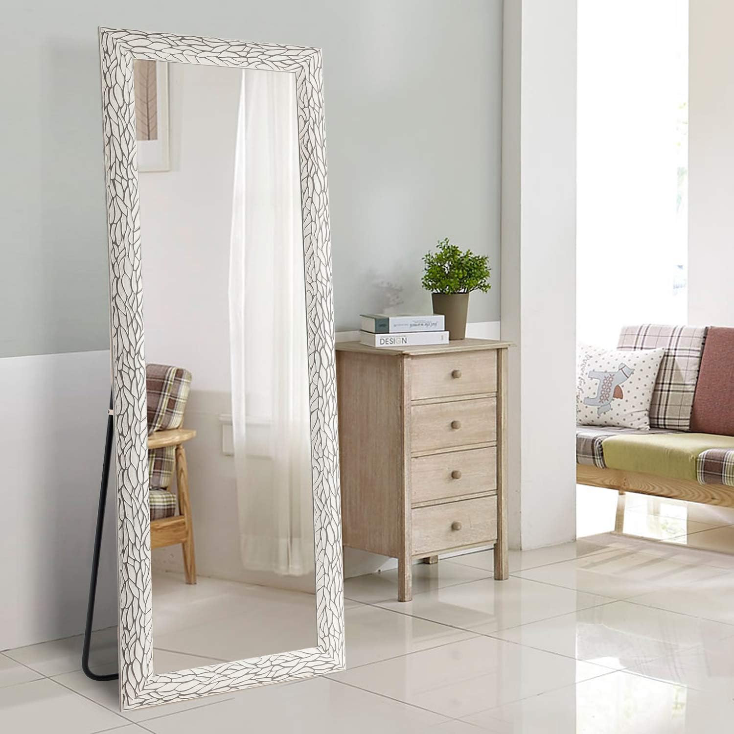 NeuType Full Length Mirror Standing Hanging or Leaning Against Wall,Large Rectangle Bedroom Mirror Floor Mirror Dressing Mirror Wall-Mounted Mirror,White Polystyrene Frame with Veins Pattern,65"x22"