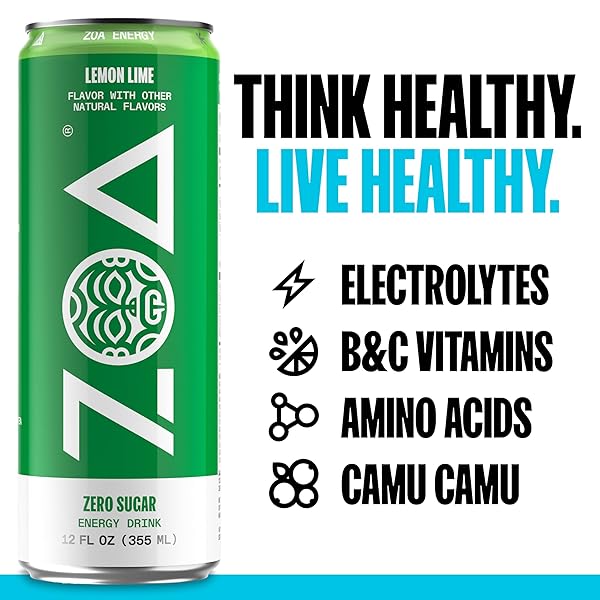 ZOA ENERGY SUGAR FREE ENERGY DRINKS WITH ELECTROLYTES FOR HYDRATION, LEMON LIME – 12 FL OZ (12-PACK)
