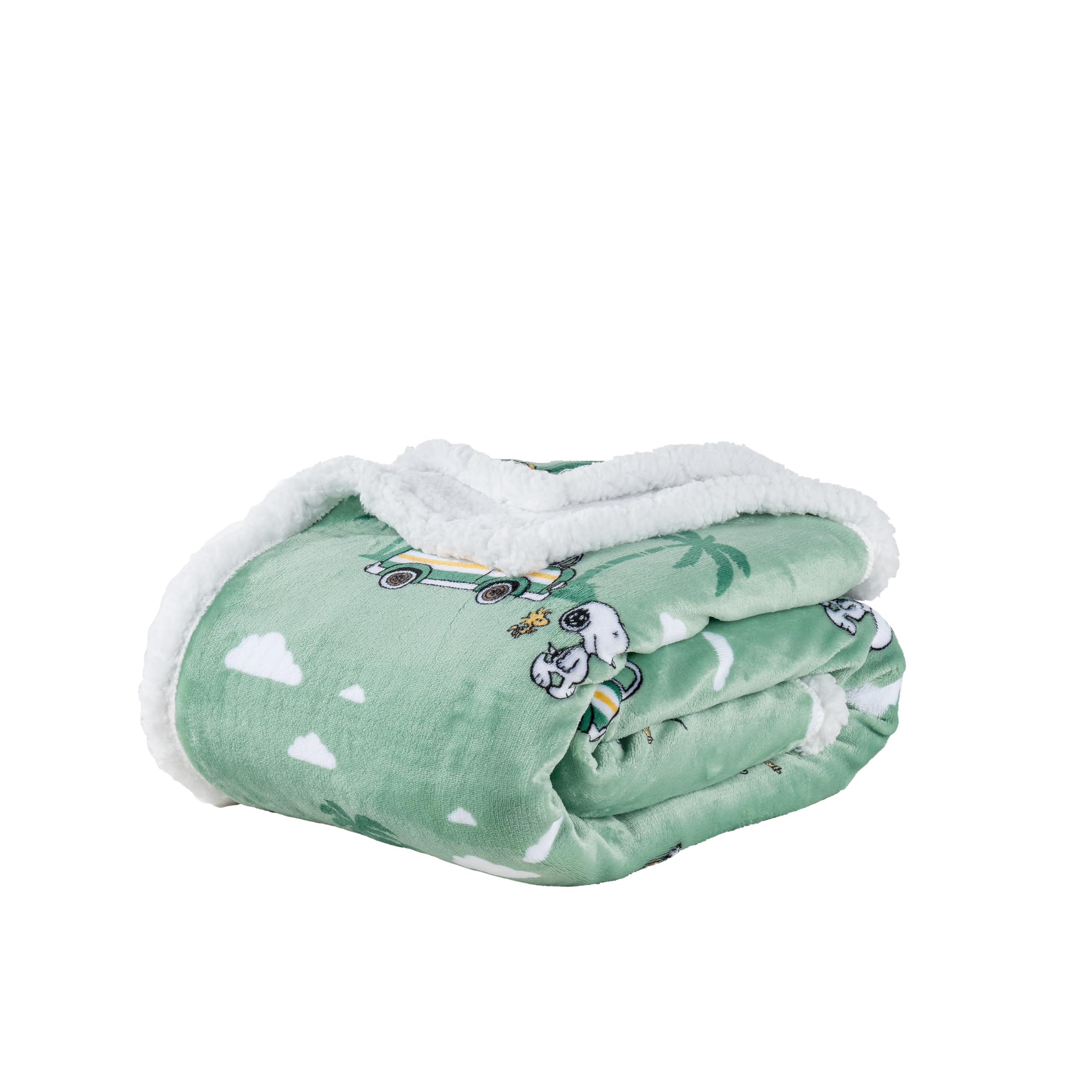 Photo 1 of Berkshire Blanket Peanuts® Sherpa Blanket, 480gsm Warm Reversible Heavy Thick Blanket for Couch, Bed & Travel (Snoopy's Beachy Roadtrip Large Sage, King Size 90" x 108")