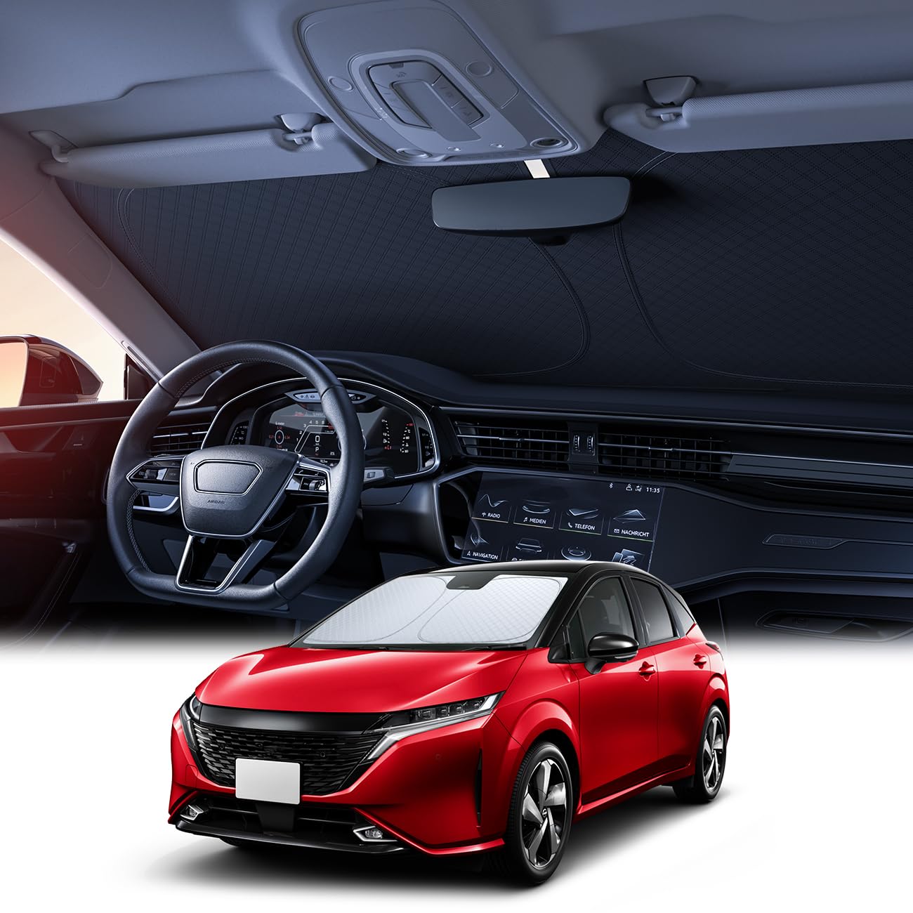 【6層断熱素材】 Lamicall 日産 オーラ E13 車 フロントガラス サンシェード : 車サンシェード 日除け 車 クルマ フロントサンシェード 車用 フロントガラス サンシェード 折り畳み式 カーシェード カー用品 遮光 uvカット 紫外線遮蔽 さんしえーど 擦り傷防止 断熱素材 暑さ対策 頑丈 収納ポーチ付き