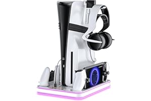 AurassenseECSL Compatible for Sony PlayStation 5 (All Editions) - Stand & Cooling Station with Charging Dock, LED Indicators, Headset Holder, Protection （White）