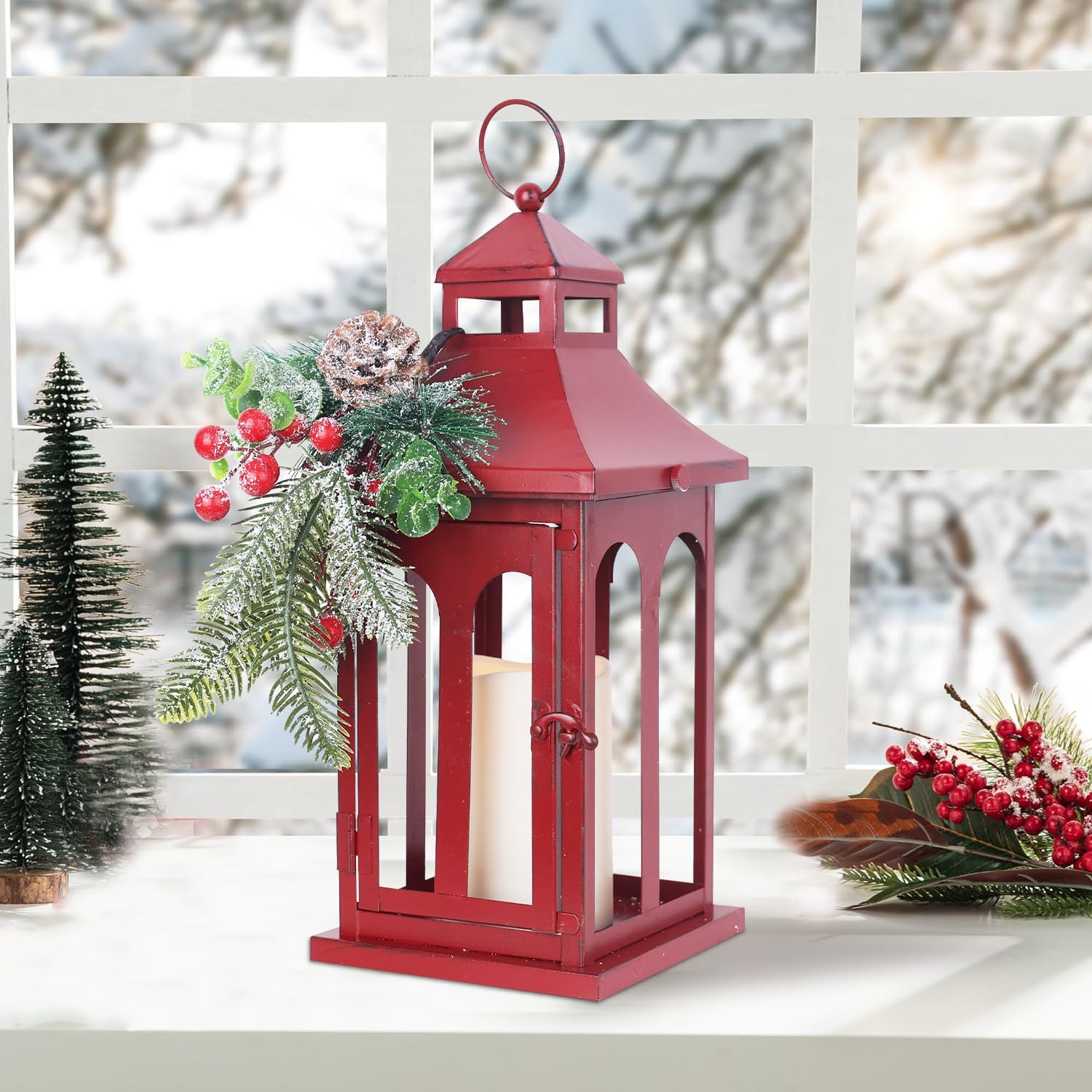 Photo 1 of **MISSING PARTS**
DECORKEY Christmas Decorations for Home, Decorative Christmas Lantern Indoor Outdoor Decor, Metal Hanging Candle Holder with Xmas Teardrop Wreath and LED Candle for Table Centerpieces, Patio (Red)