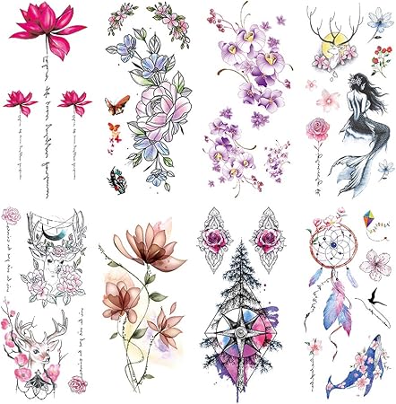 Amazon Co Jp Yesallwas タトゥーシール 蓮の花 薔薇 赤 紫 蝶 花 鹿 8枚セット 黒 赤 入れ墨シール リアル 大判 防水 長持ち 和彫り 刺青シール ボディーシール 子供 メンズ レディース 手 腕 足 体 胸 肩 背中に簡単貼る Tatoo 9x19cm B おもちゃ