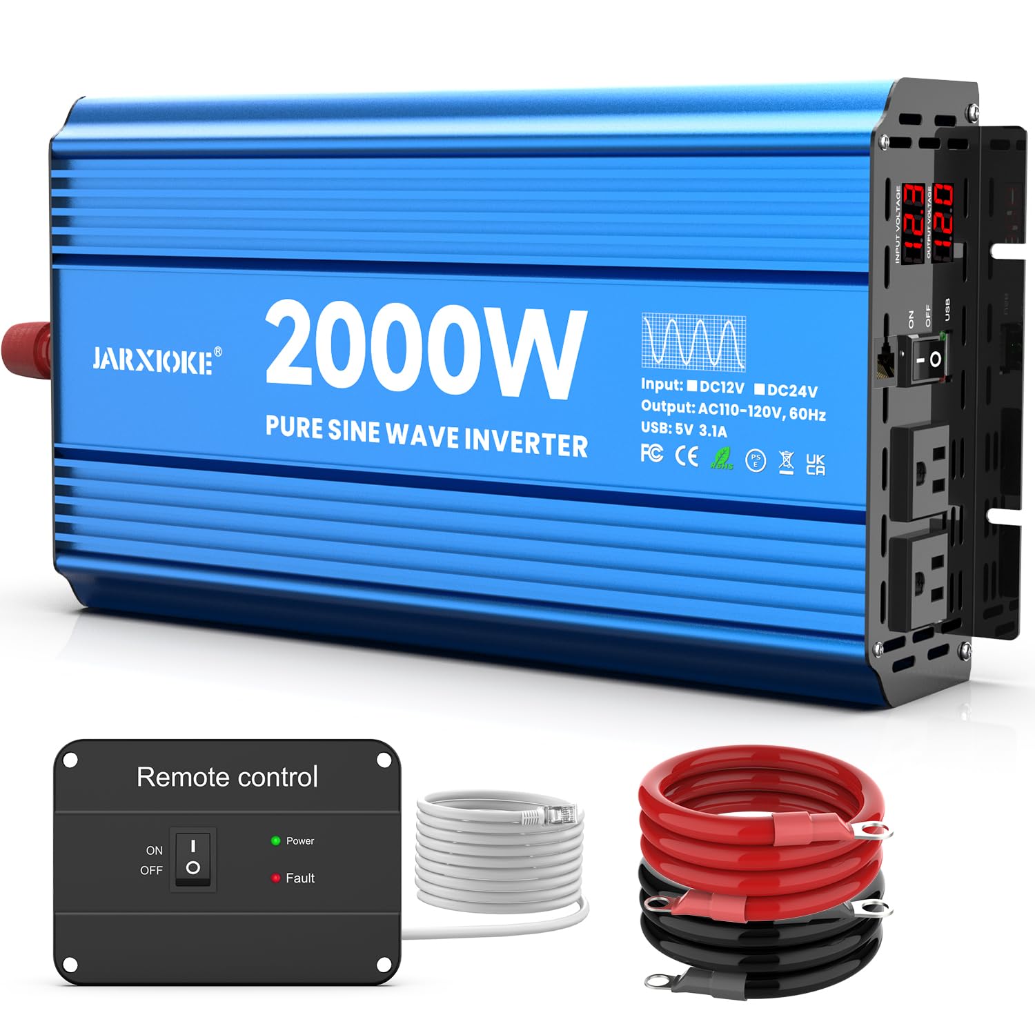Photo 1 of 2000 Watt Pure Sine Wave Power Inverter, 12V DC to 110 Vdc to 120 Vdc, for Home, RV and Off-Grid Solar Systems, with 2 AC Outlets and USB Port, LCD Display, with Remote Control
