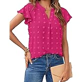 MEROKEETY Women's 2026 Spring V Neck Ruffle Short Sleeve Blouse Summer Swiss Dot Dressy Casual Flowy Shirt Tunic Top