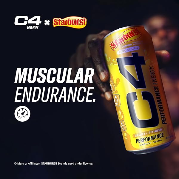 CELLUCOR C4 PERFORMANCE ENERGY DRINK | STARBURST LEMON | ZERO SUGAR CARBONATED PREWORKOUT ENERGY | 200MG CAFFEINE WITH BETA ALANINE | 16 FL OZ (12 PACK)