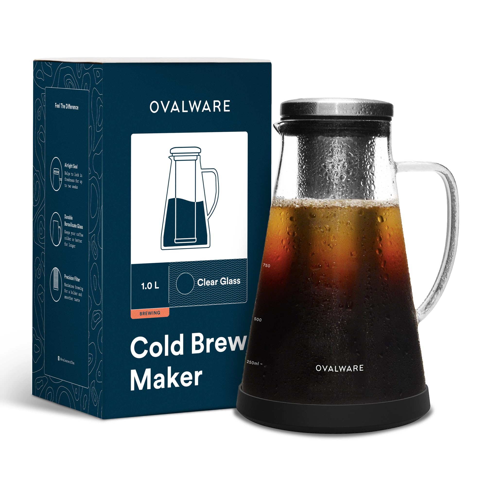 ovalware Airtight Cold Brew Iced Coffee Maker and Tea Infuser with Spout - 1.0L / 34oz RJ3 Brewing Glass Carafe with Removable Stainless Steel Filter