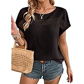 Dokotoo Womens Summer Tops 2026 Crewneck Short Sleeve Hollow Out T-Shirts Casual Loose Solid Color Blouses Shirts