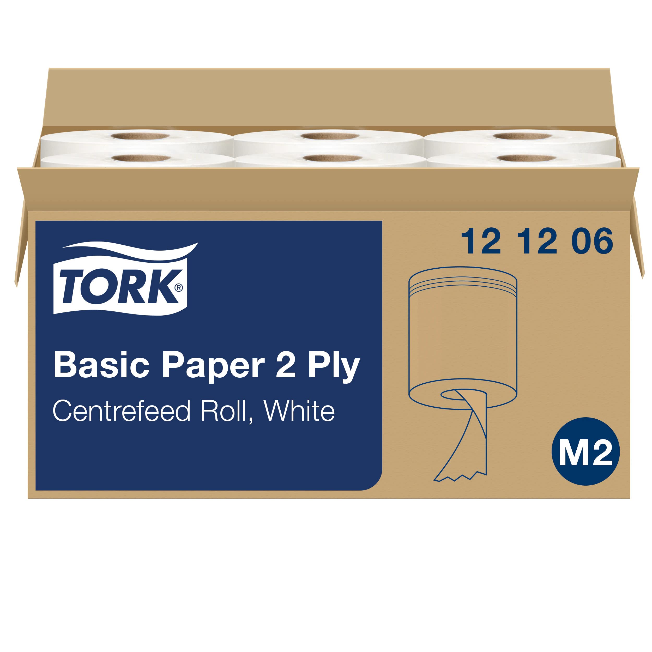 Tork 121206 Basic wiping paper roll M2 / Long lasting paper hand towel roll compatible with Tork M2 centrefeed system / 6 x 457 sheets (20 x 35cm)