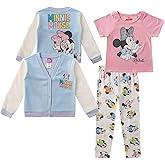 Disney Minnie Mouse Girls Pants set with Varsity Cardigan, and Short Sleeve T-Shirt 3 Piece Set for Toddler to Big Kids