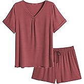 Ekouaer Pajamas Set Women's Short Sleeve 2 Piece PJ Sets V Neck Comfy Sleepwear Loungewear with Pockets S-XXL